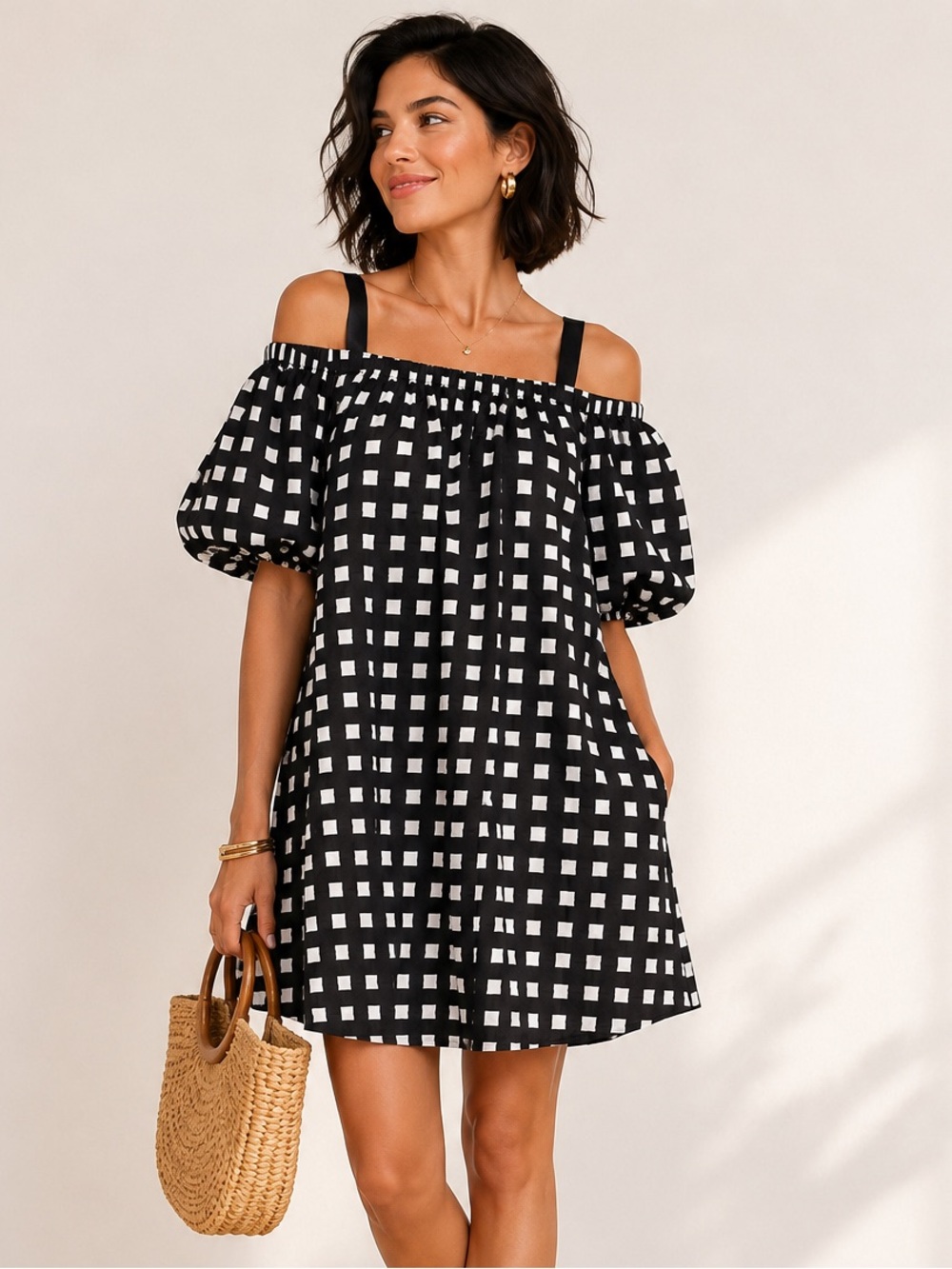 Setirom Black White Check Puff Sleeve Off Shoulder Mini Dress Small